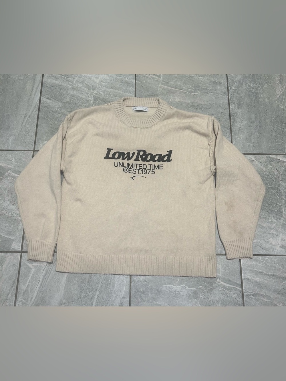 Zara Kids 13-14 Low Road Graphic Knit Sweater Cream Oversized Y2K Style
